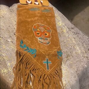 Embroidered Fringe Scarf with Skull Design